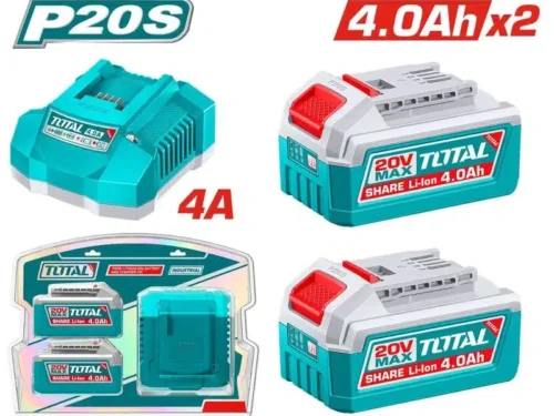 Kit de 2 Baterías 20V 4.0Ah con Cargador Total Kit de 2 baterías 20V 4.0Ah con cargador rápido Total.