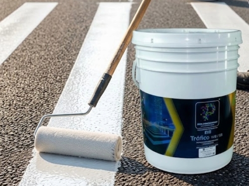 Aplicación de pintura para tráfico Pixel con rodillo sobre pavimento en una vía urbana, distribuida por Cemker Materiales e Ingeniería.